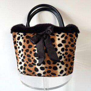 y2k vintage leopard animal print faux fur plushy large shoulder tote bag purse